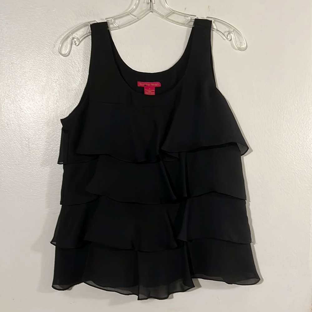 Sunny Leigh black sleeveless tiered ruffle top